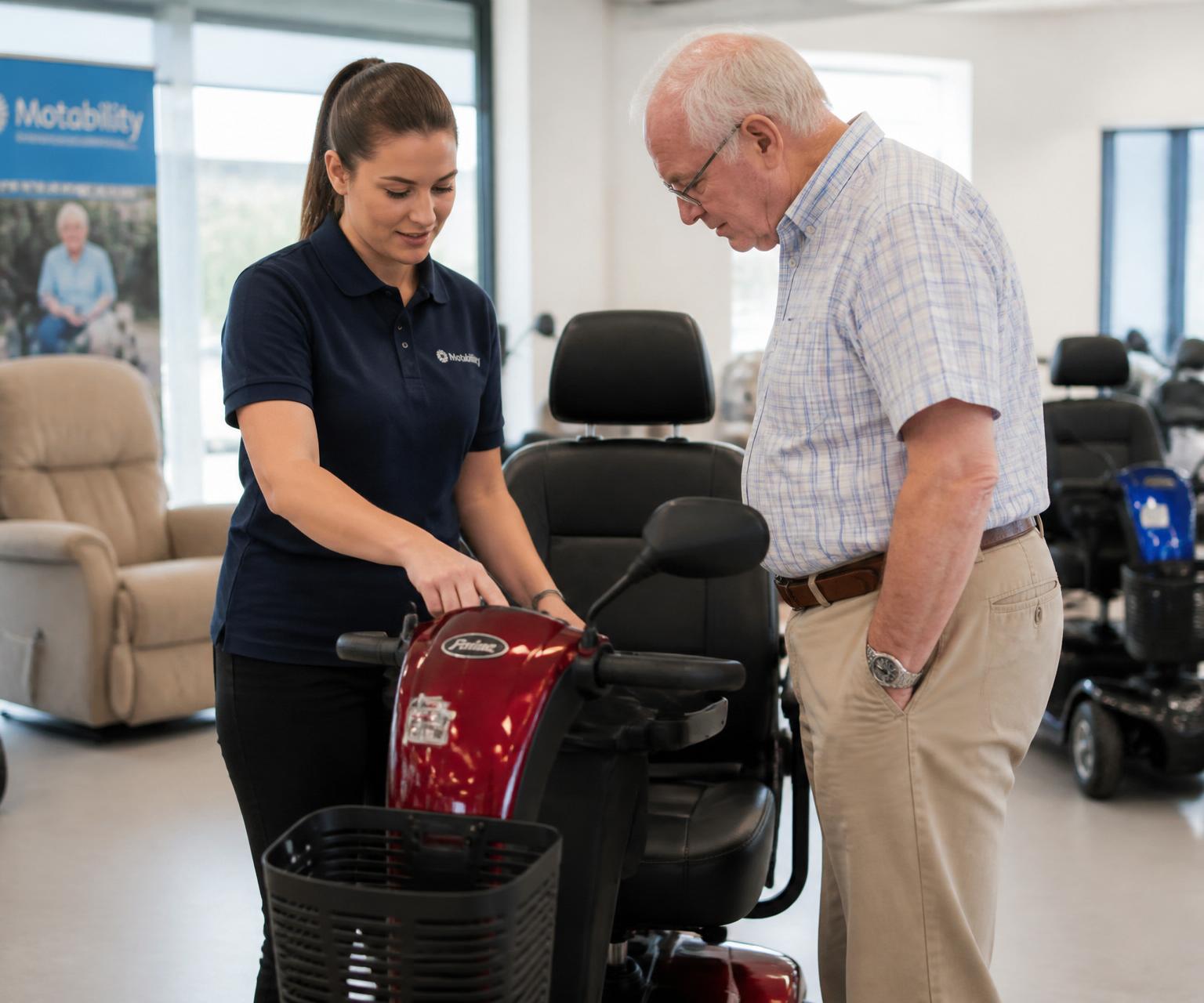 A Capitol Mobility advisor showing a mobility scooter to a customer in our showroom